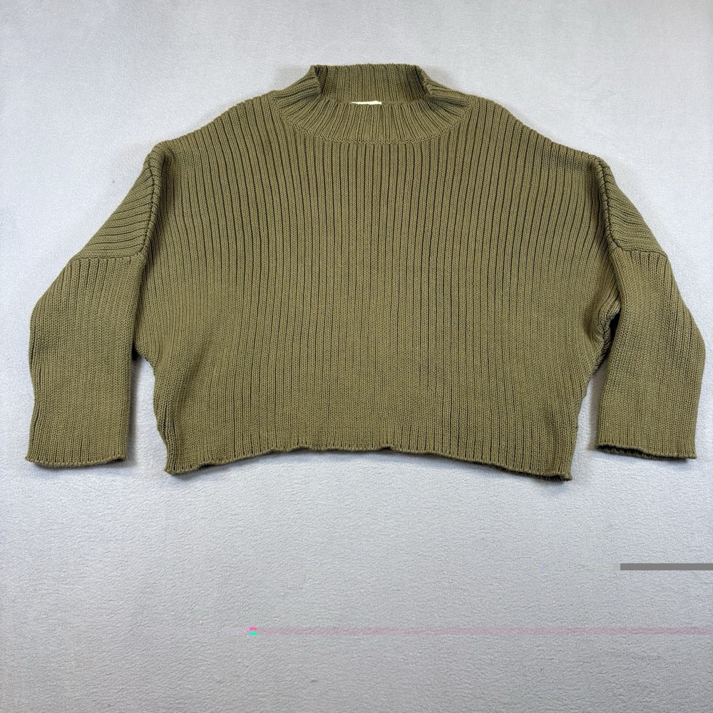 Honest Cotton Sweater OS Olive Green Chunky Rib Knit Oversized Boxy 100% Cotton
